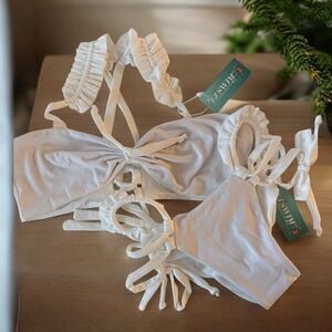 White Bikini Set XLarge Rusched Back Adjustable Strap Handmade FJ Swim